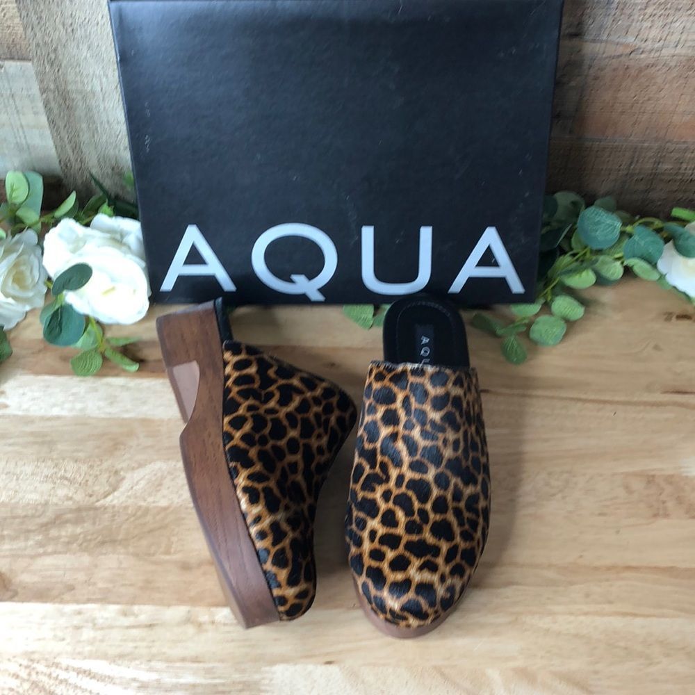 Aqua Leopard Print Calf Hair Clogs